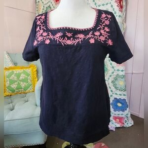Talbots Navy Blouse with Pink Embroidery